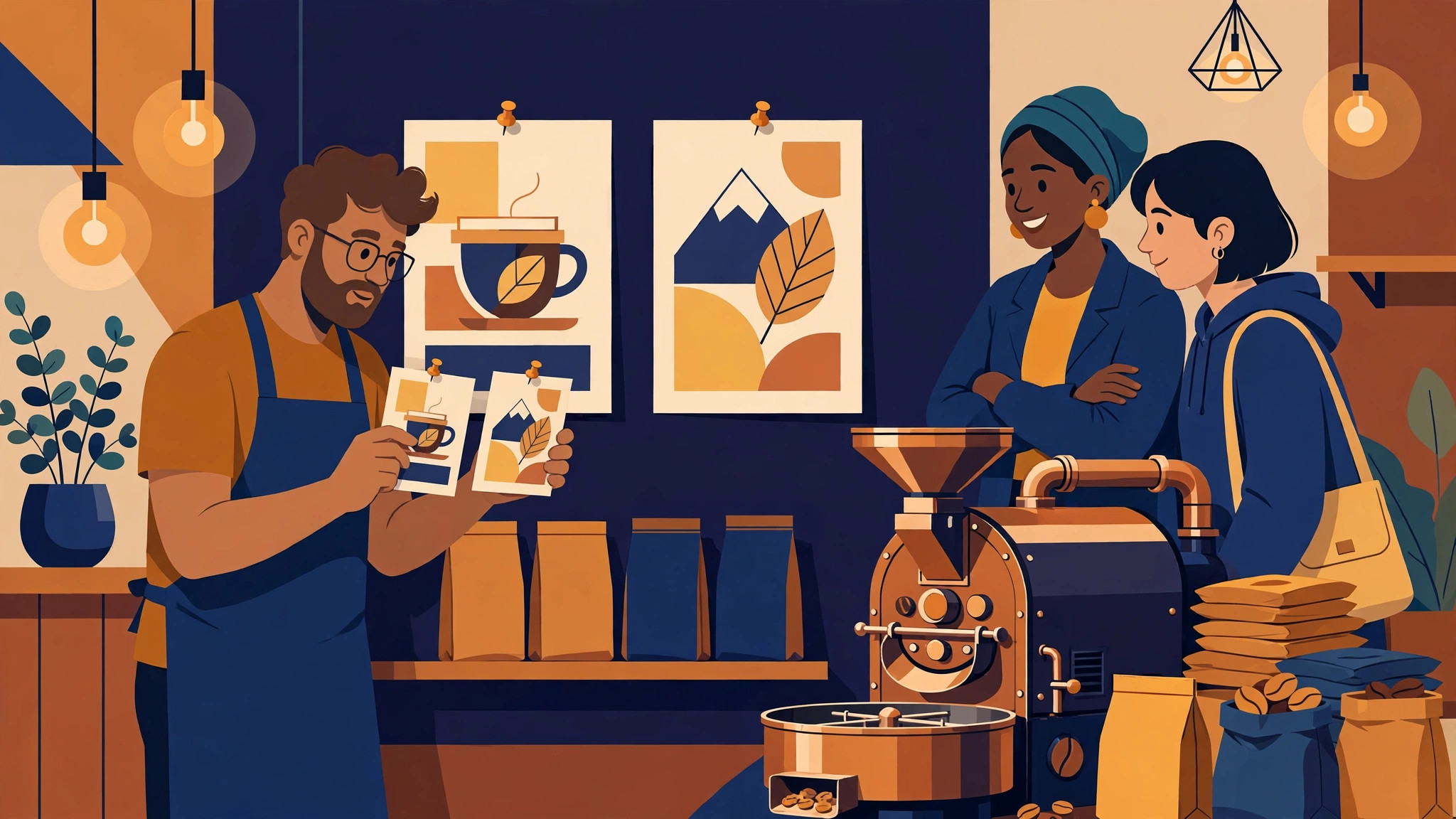 Flat illustration of a coffee roastery owner comparing two poster designs pinned on a wall
