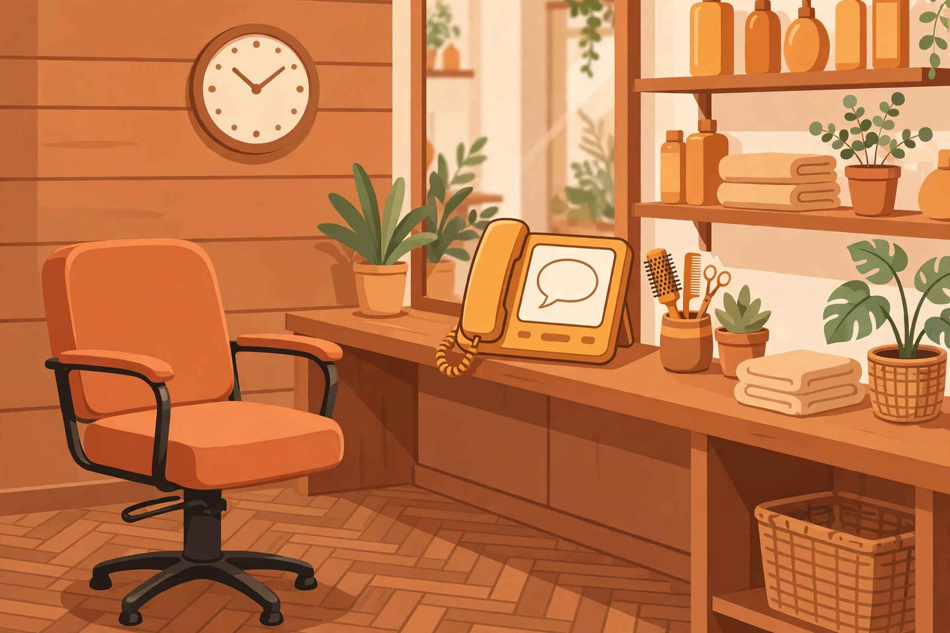 Flat illustration of an empty salon chair, a wall clock, and a counter phone showing a speech bubble