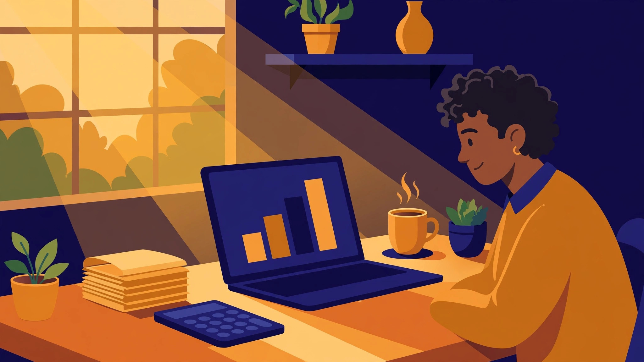 Flat illustration of a home office desk with receipts and a laptop showing chart blocks