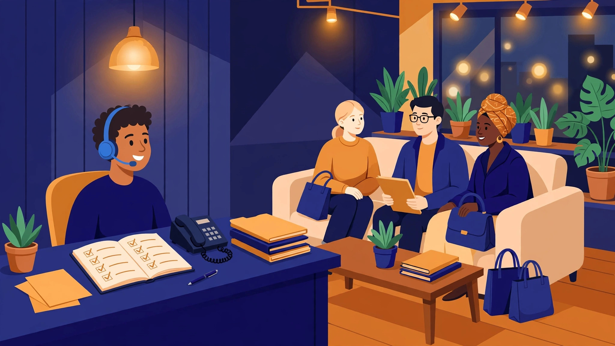 Flat illustration of a small insurance office with an agent wearing a headset beside a notebook