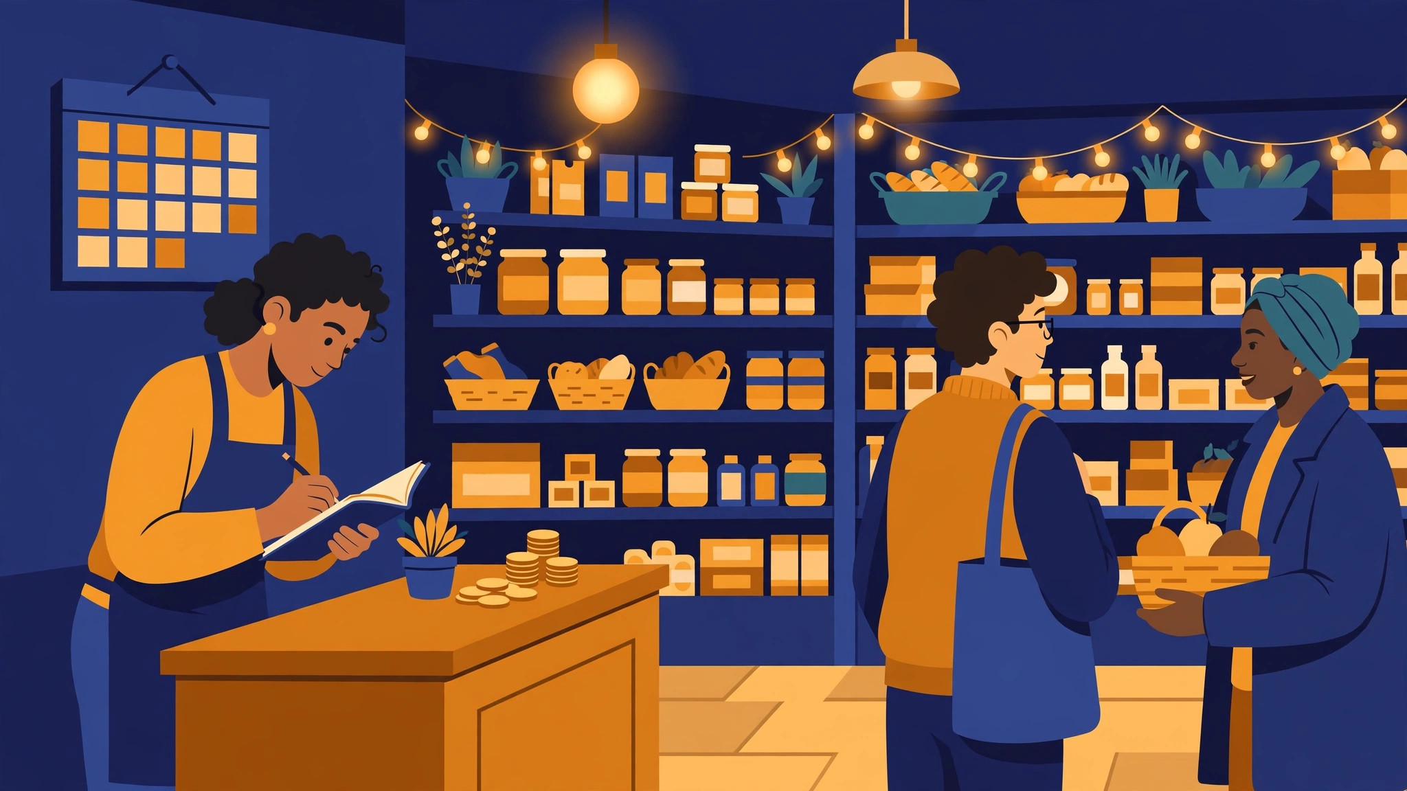 Flat illustration of a small retail shop counter with a wall calendar and coins