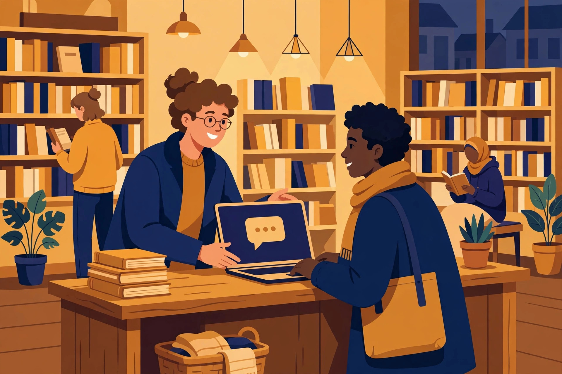 Flat illustration of a friendly neighborhood bookstore where the owner helps a customer while a laptop shows a chat window