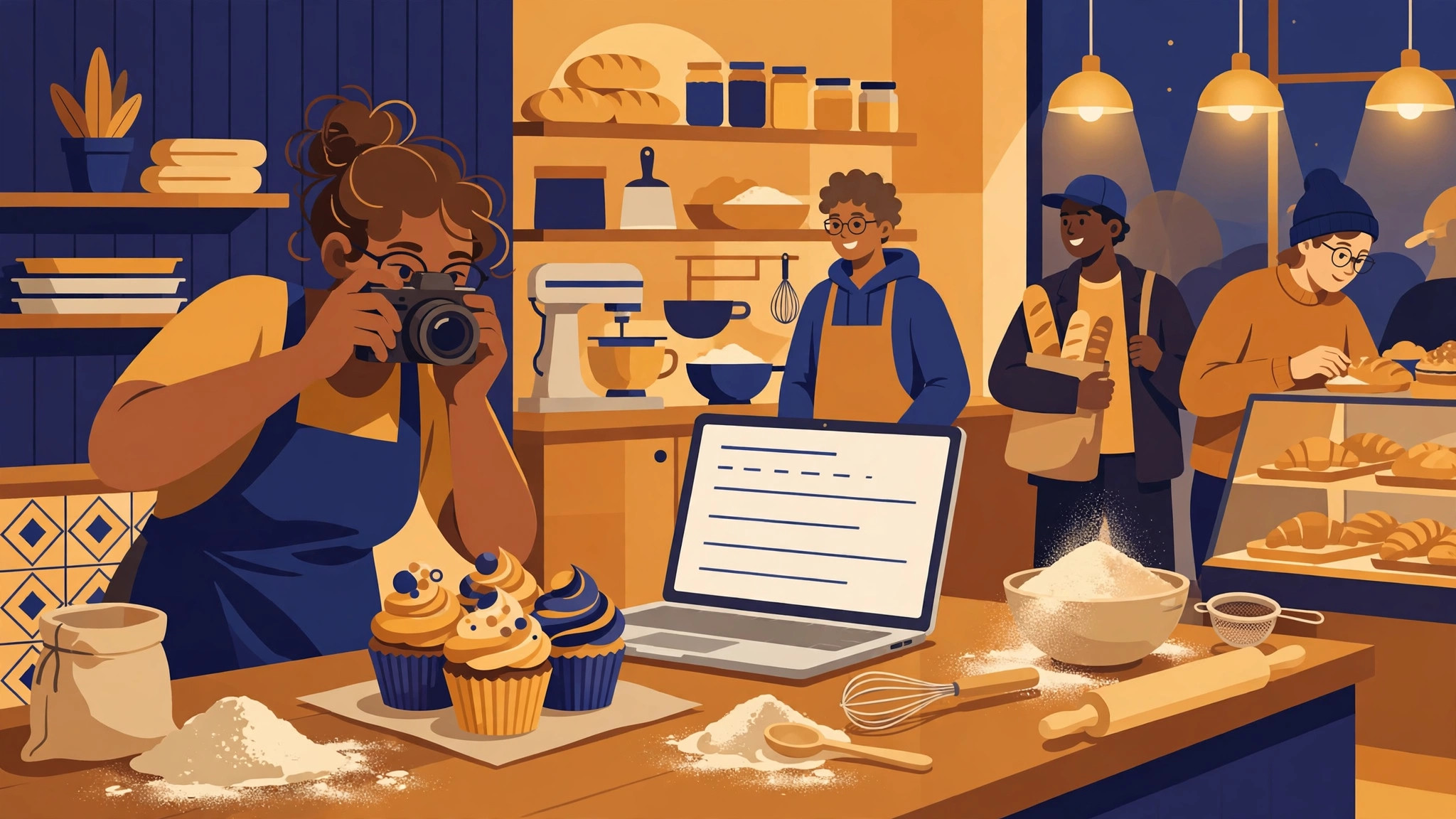 Flat illustration of a bakery owner photographing cupcakes beside a laptop showing draft text