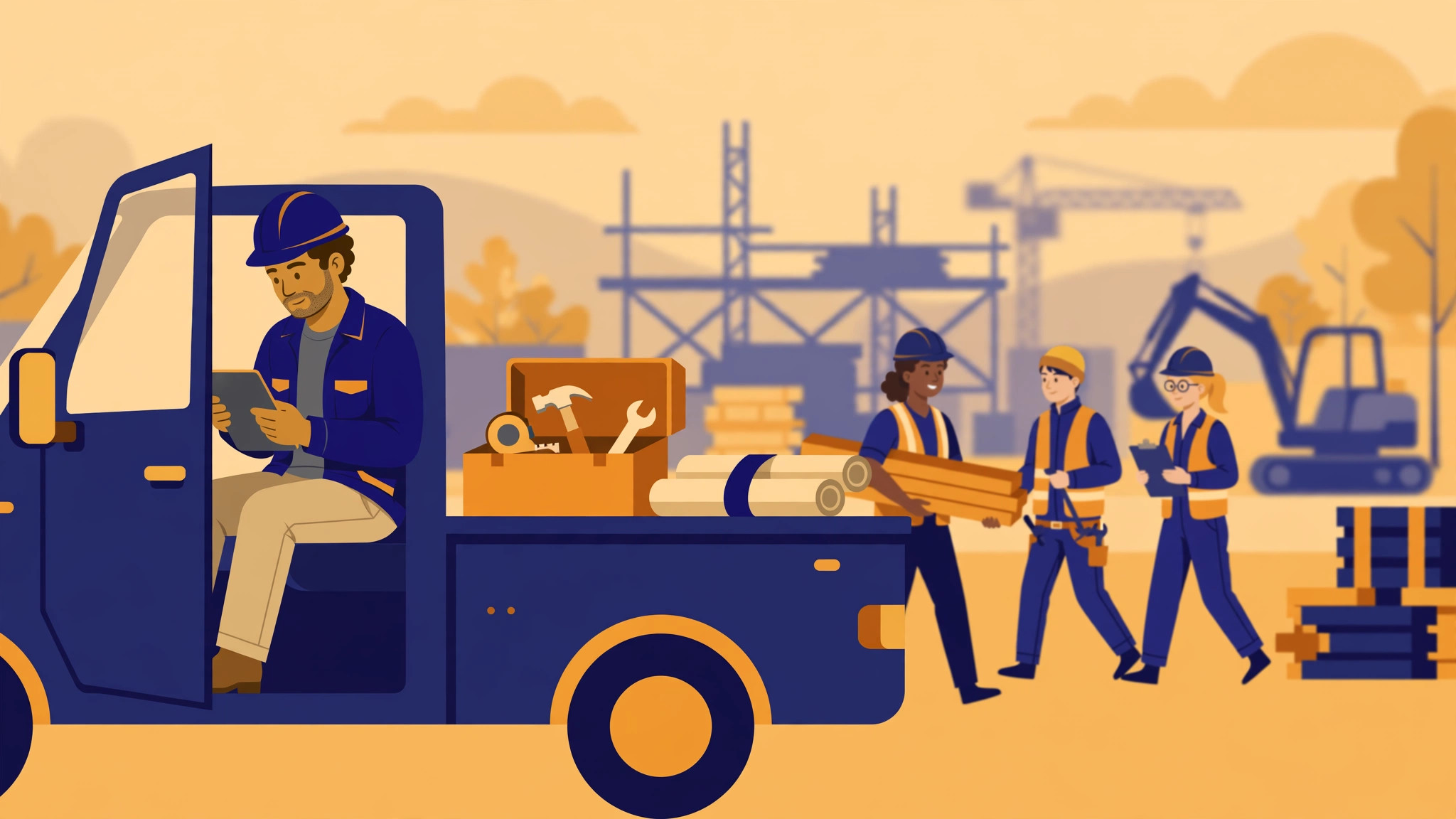 Flat illustration of a contractor in a work truck using a tablet with a toolbox beside him
