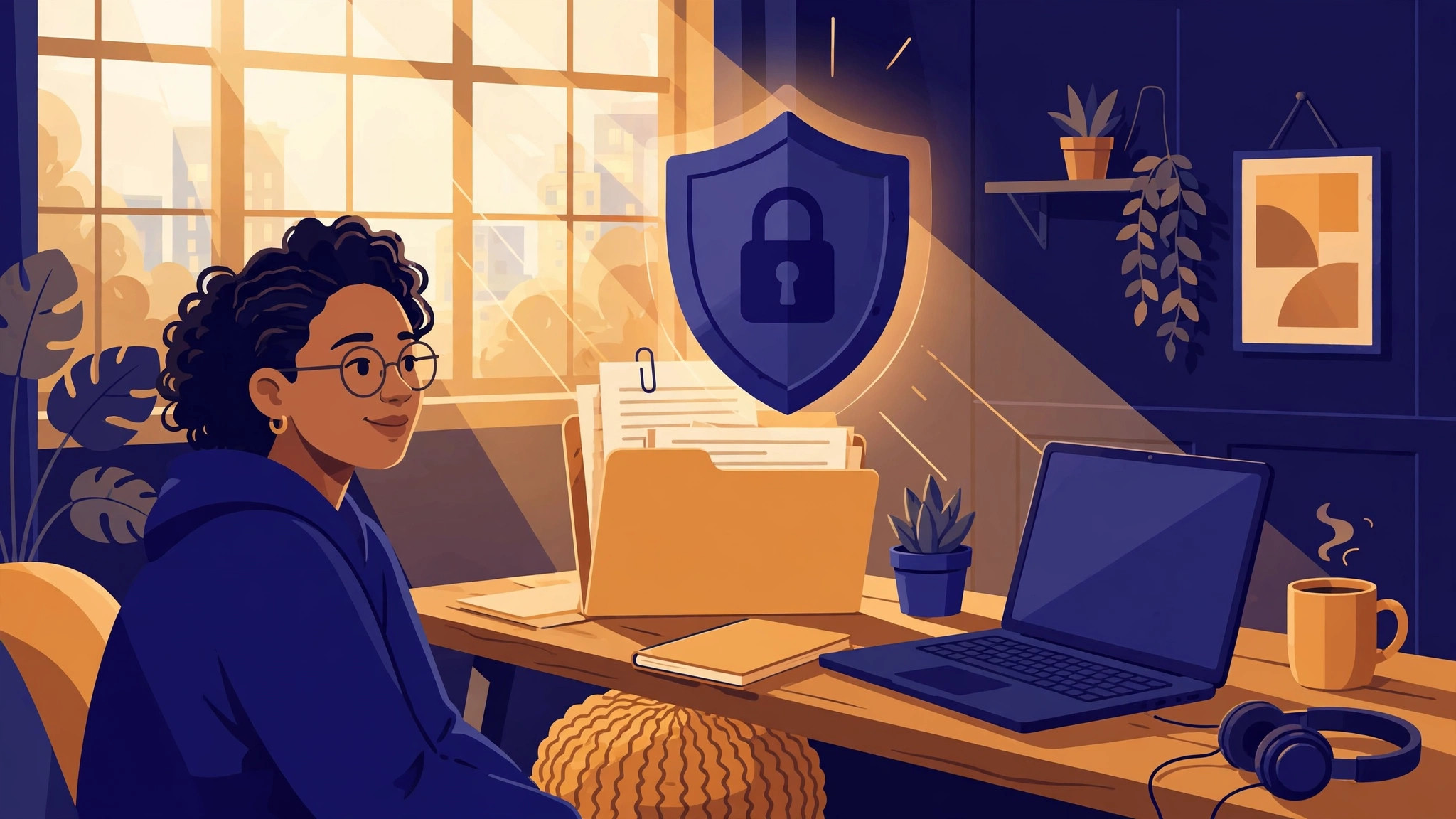 Flat illustration of a home office with a shield and lock graphic and documents in a folder