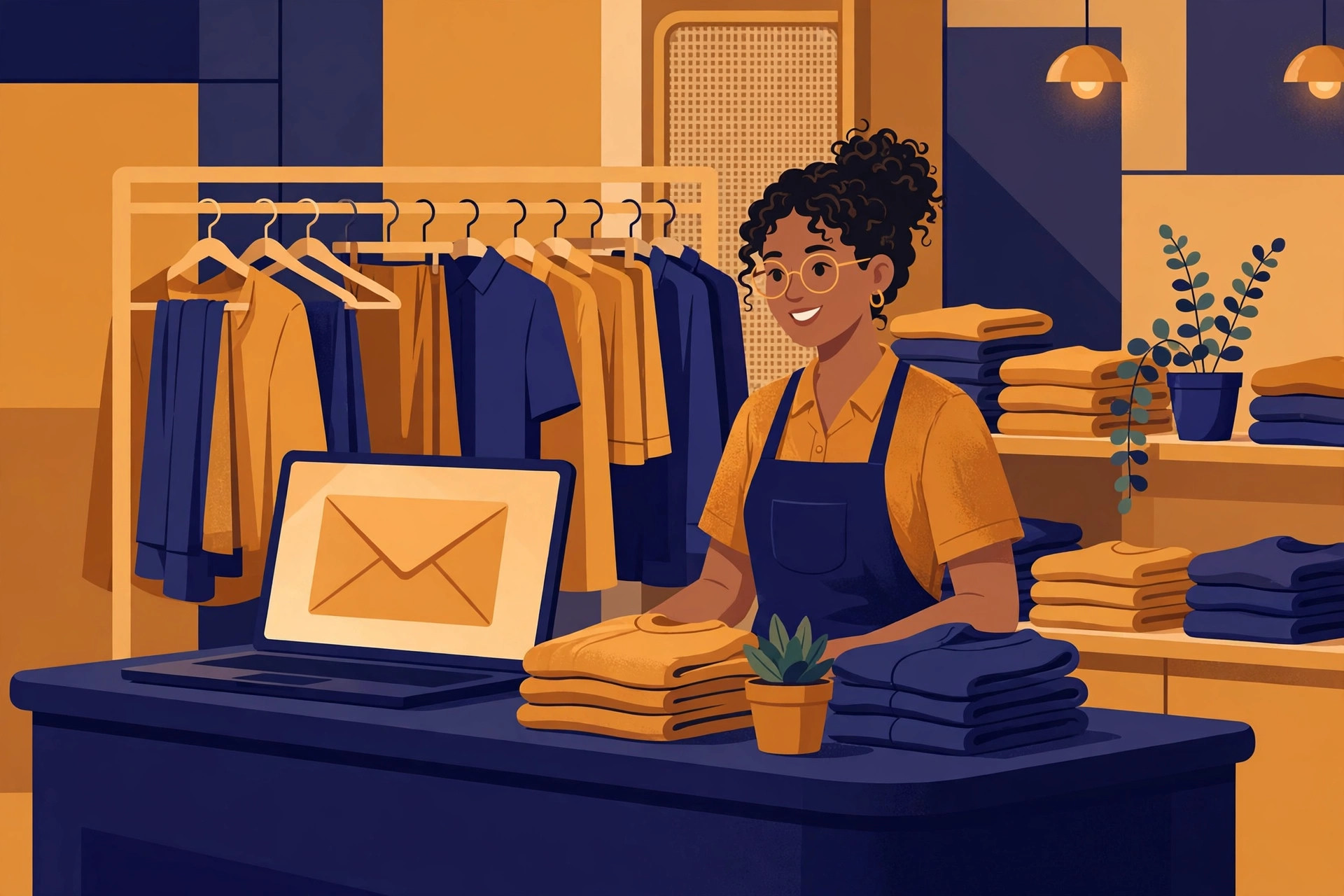 Flat illustration of a boutique clothing store counter with a laptop showing envelope graphics
