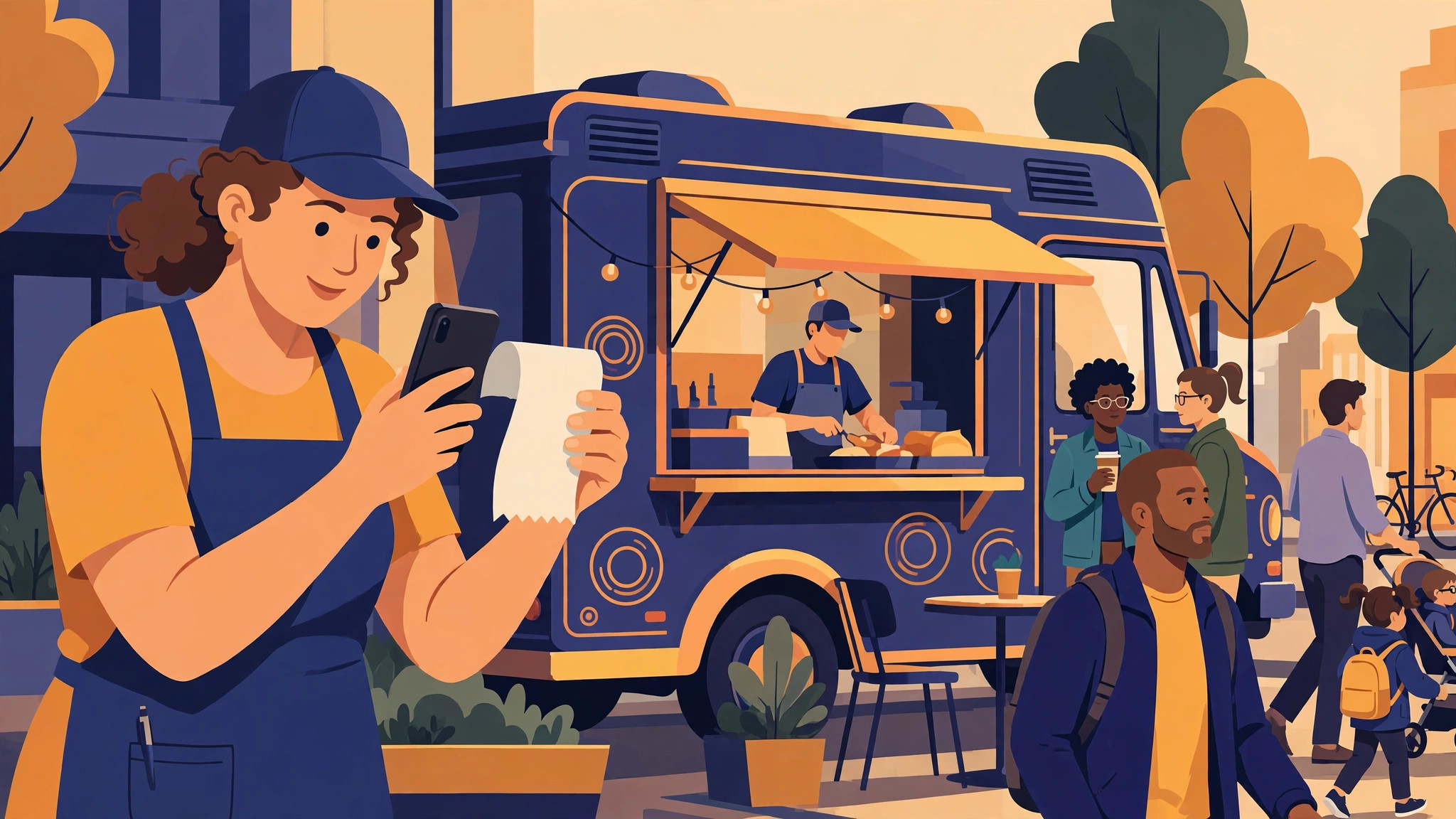 Flat illustration of a food truck owner photographing a receipt with a phone