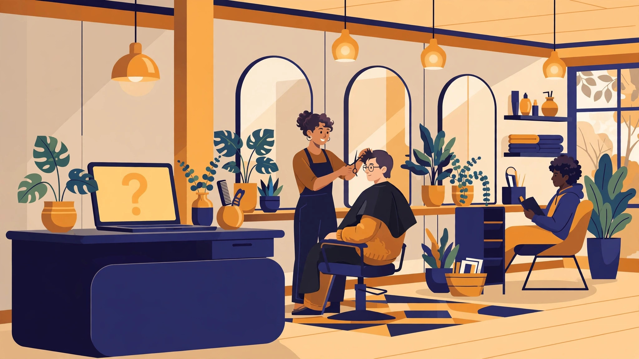 Flat illustration of a hair salon with a laptop showing a website, a stylist working in the background