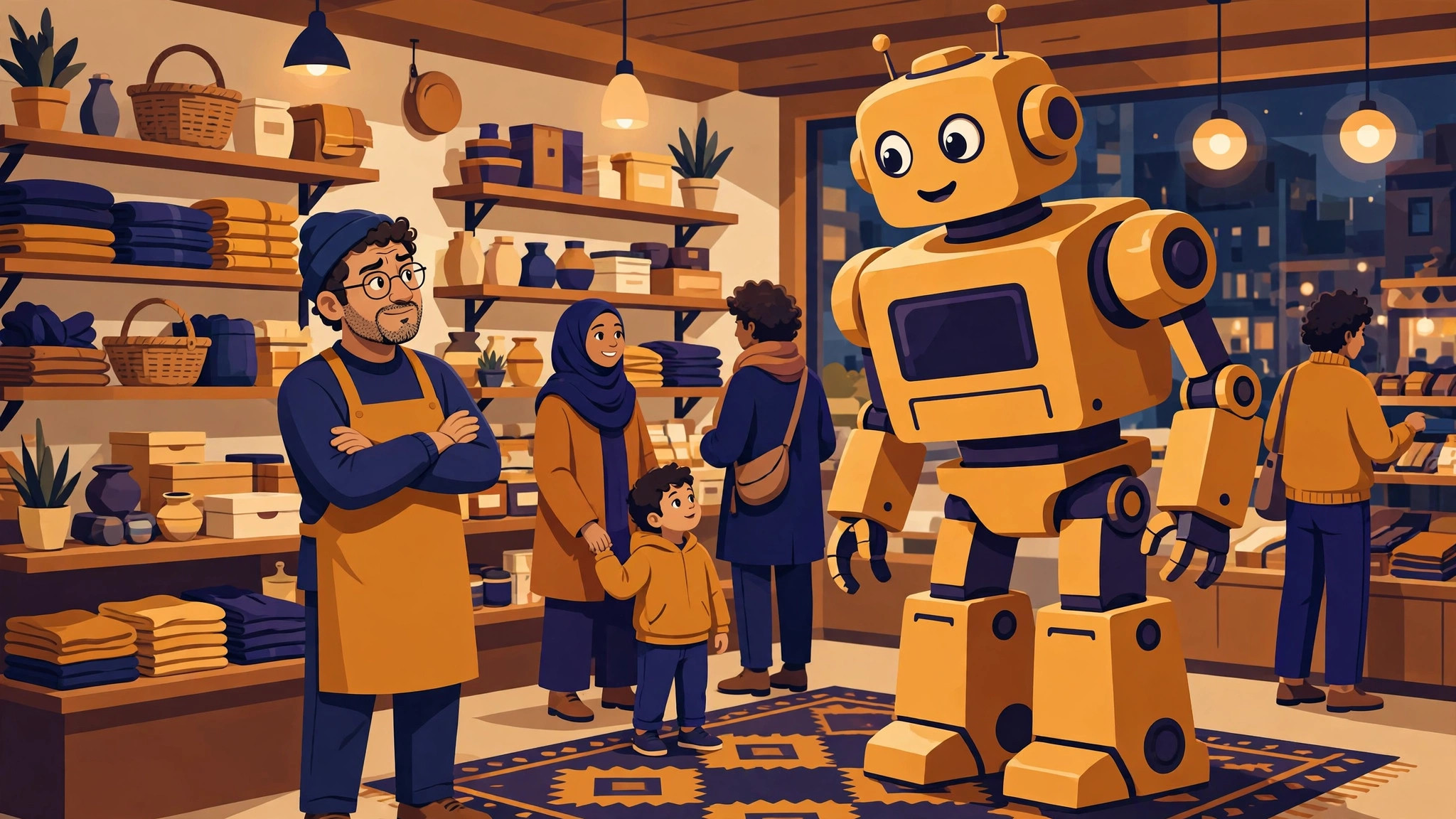Flat illustration of a small shop owner eyeing a giant toy robot with friendly skepticism