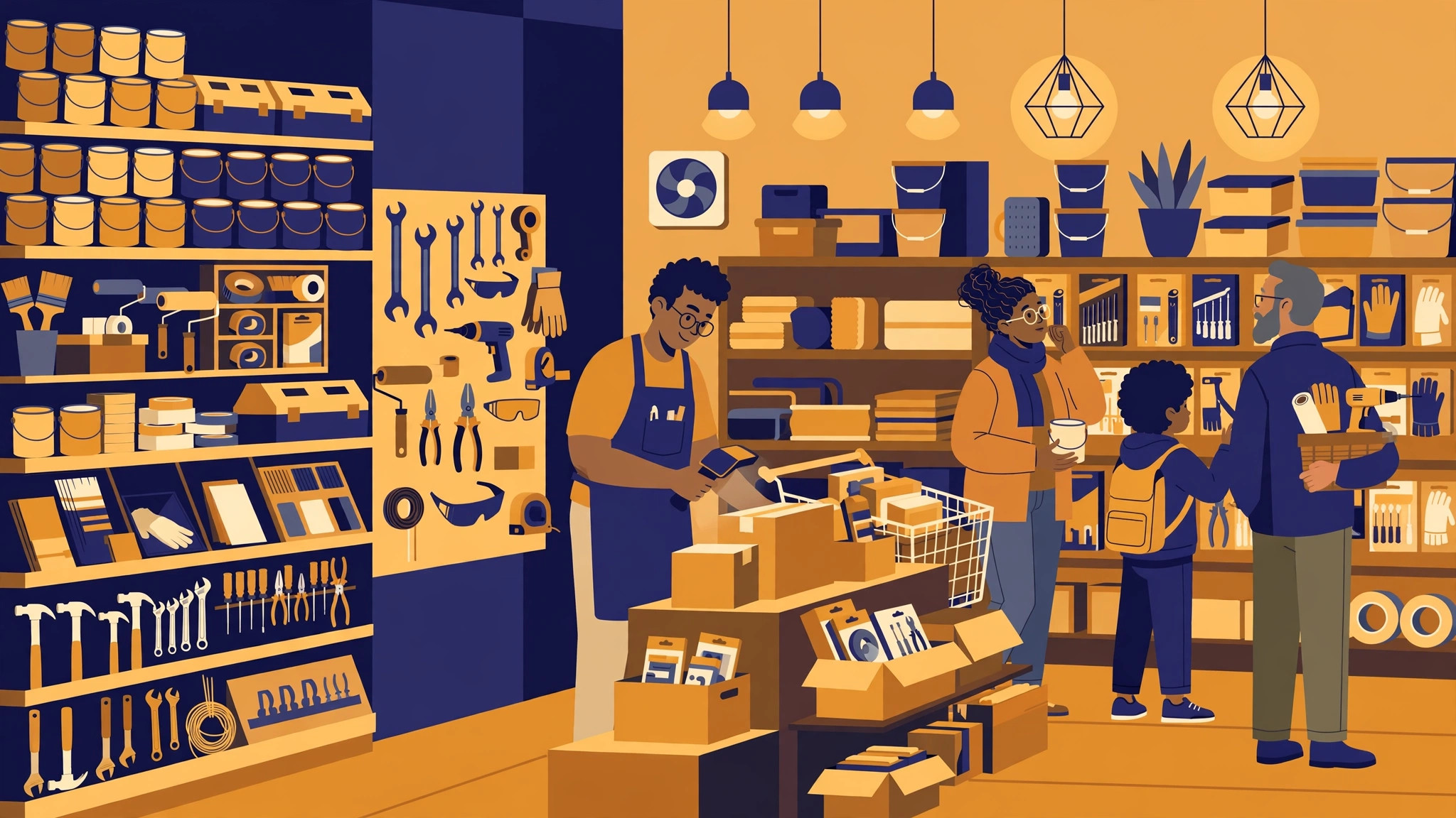 Flat illustration of a hardware store with stocked shelves and an owner scanning boxes