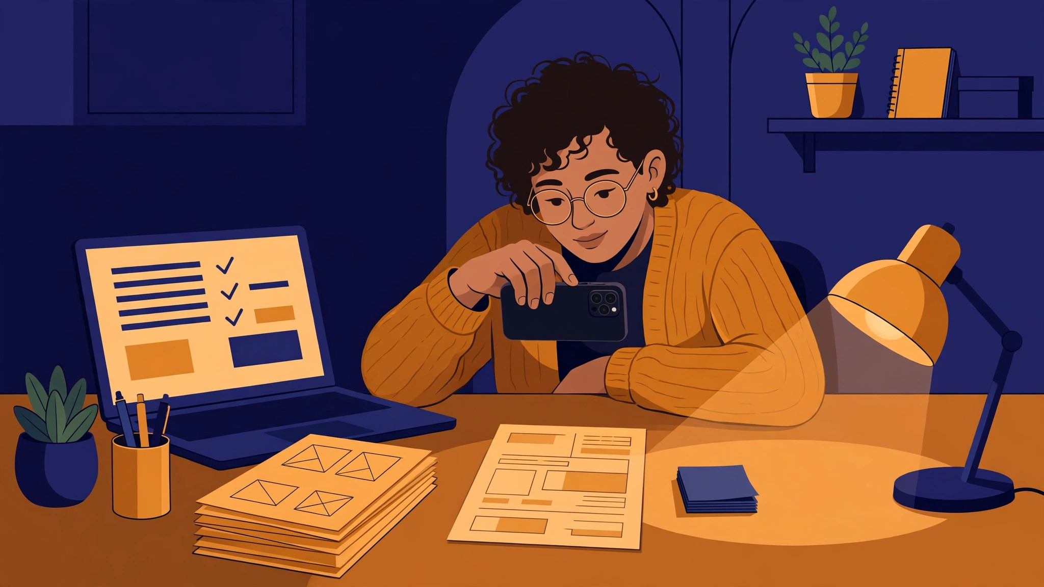 Flat illustration of a small office desk with paper invoices and a phone camera capturing one