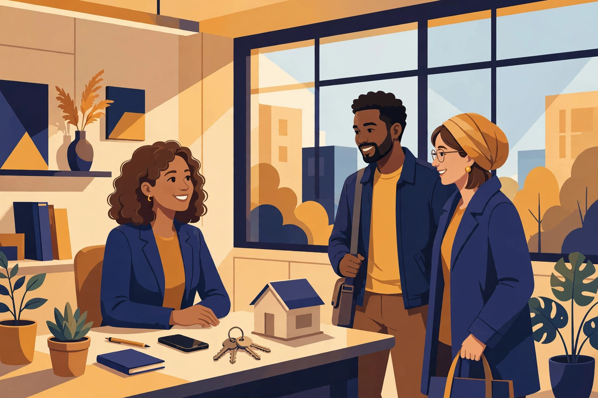 Flat illustration of a real estate agent at a desk with a phone and a set of house keys