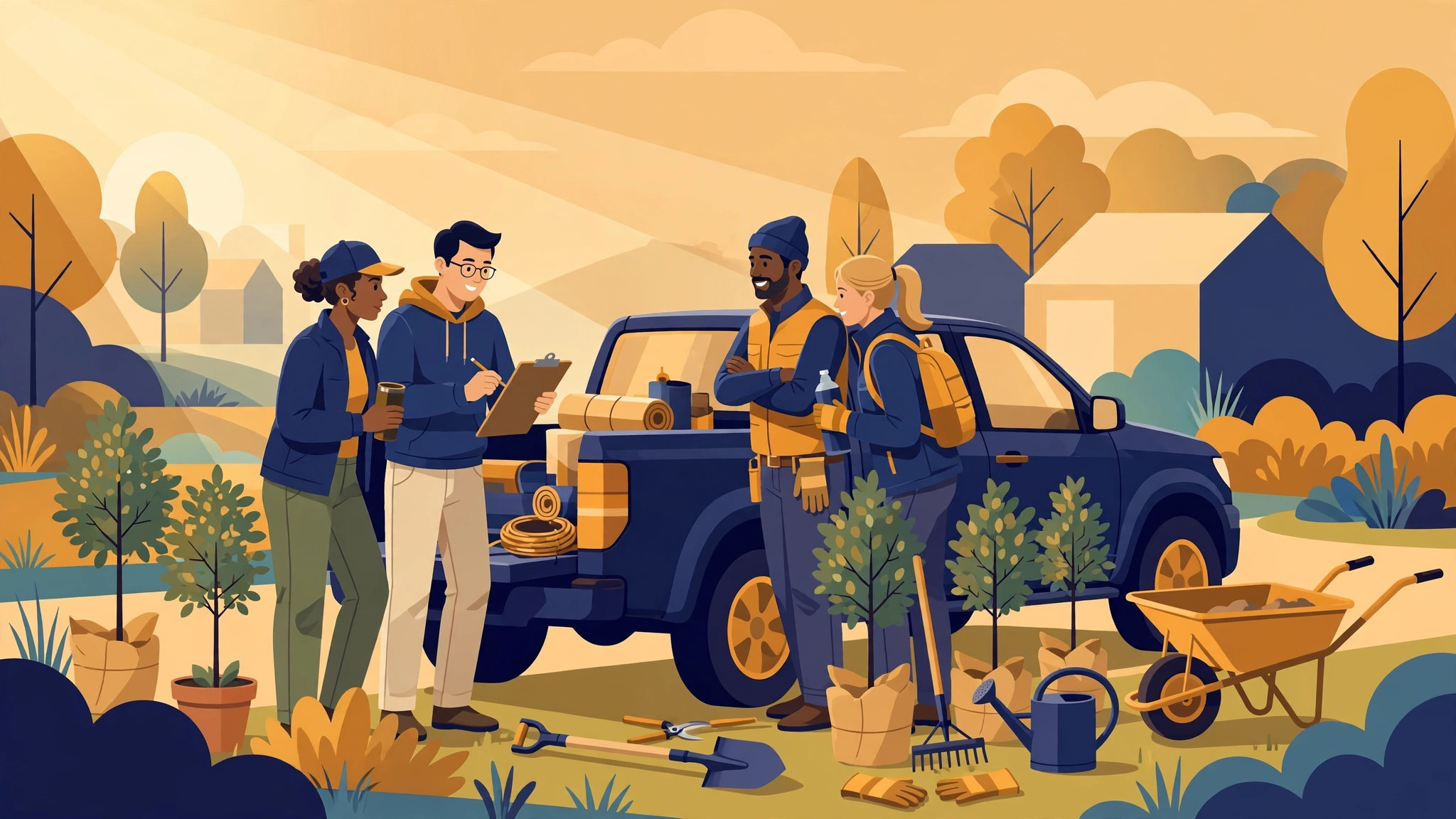 Flat illustration of a landscaping crew planning the day around a truck with a clipboard
