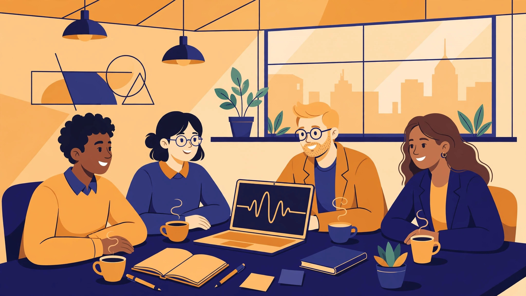 Flat illustration of a small team around a table with a laptop showing sound-wave lines