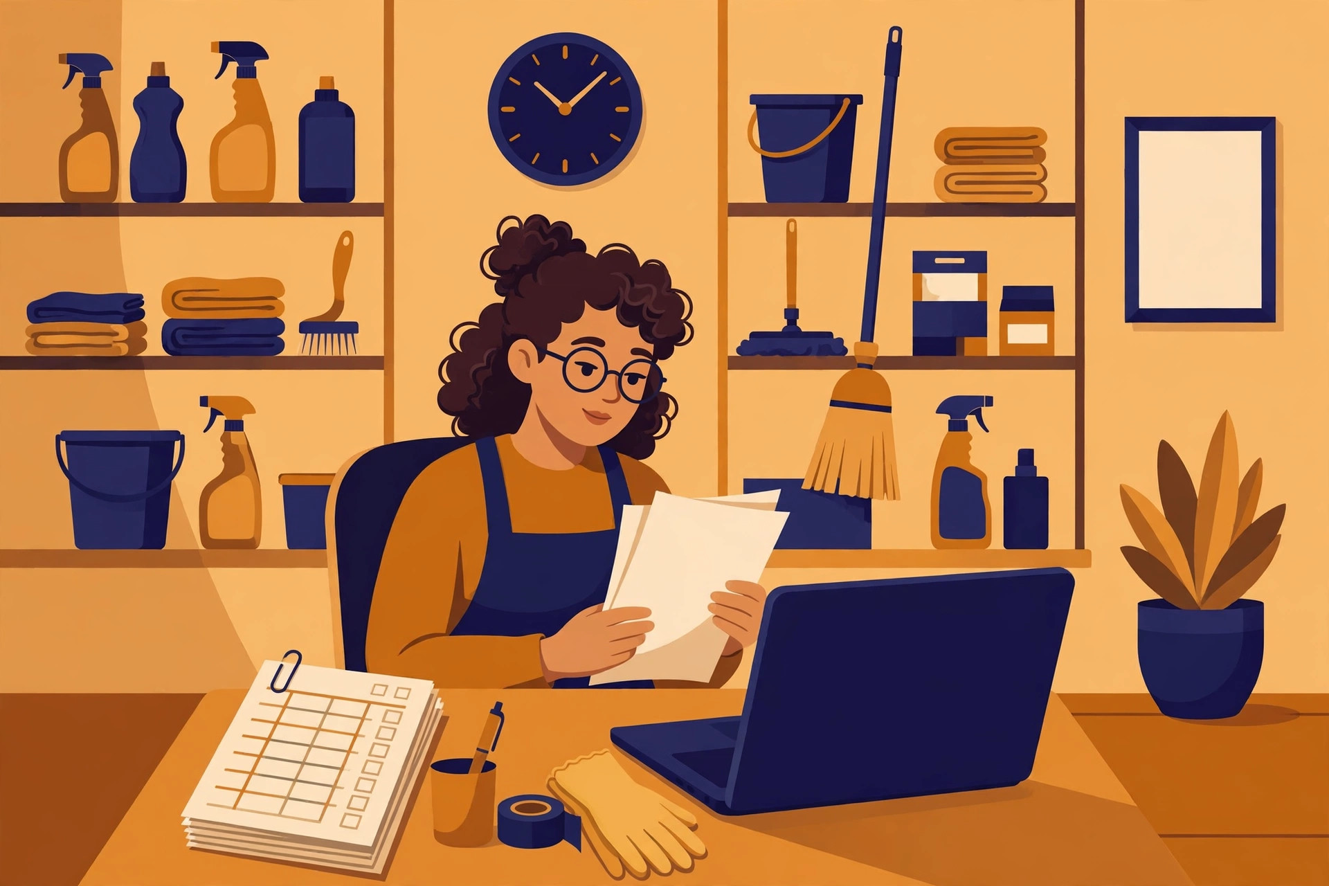 Flat illustration of a cleaning business office with employee timesheets and a laptop