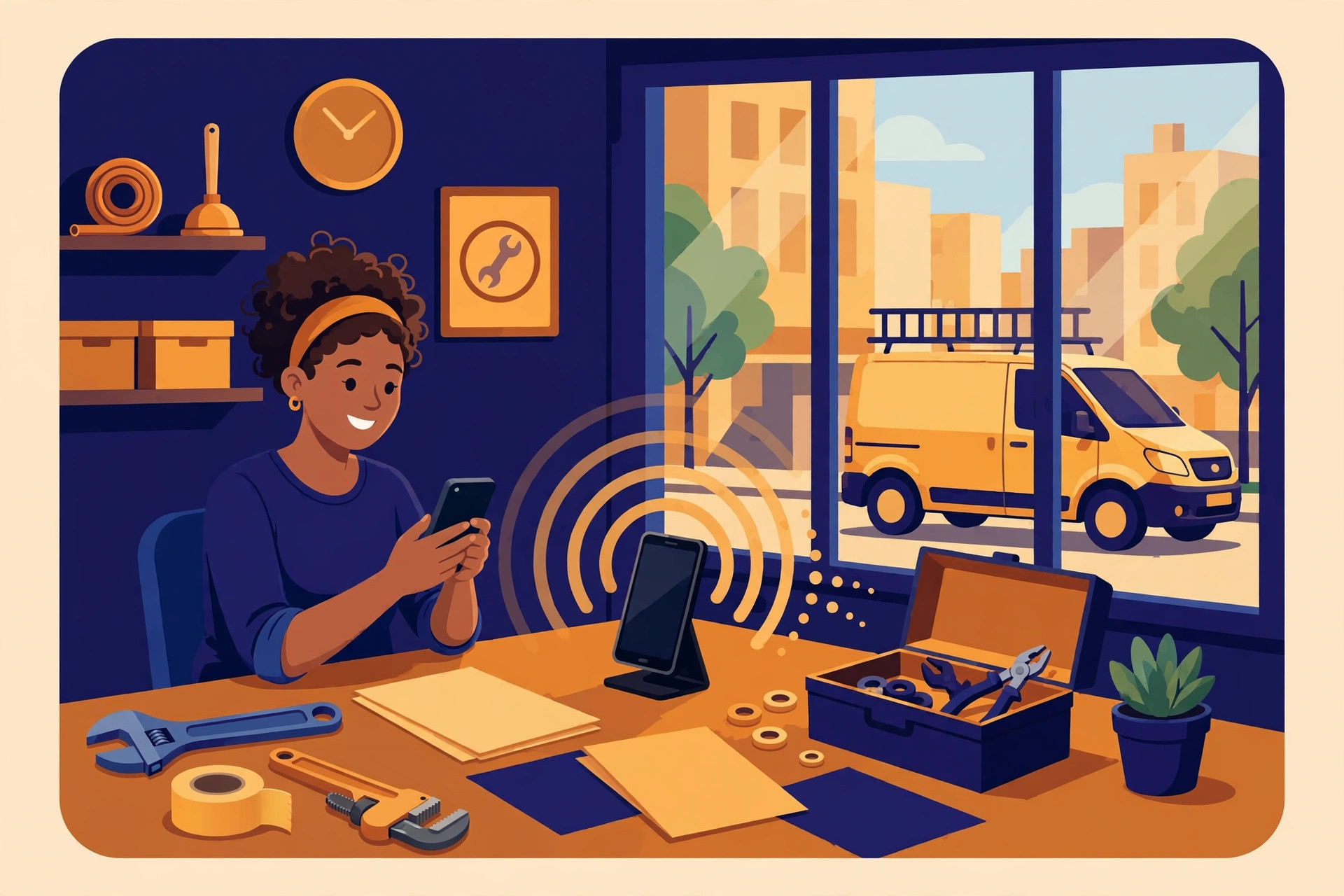 Flat illustration of a small plumbing business office with a smartphone showing sound waves and a work van visible through the window