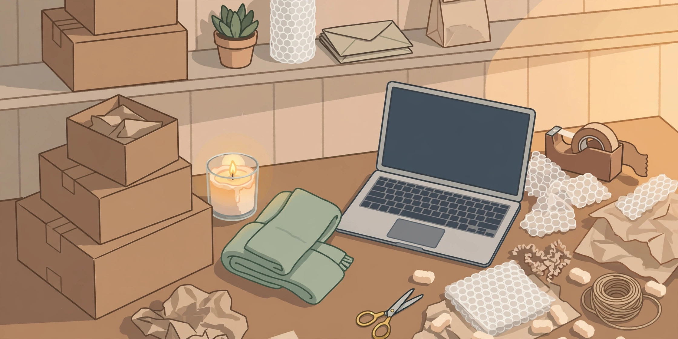 Flat illustration of a packing table with product boxes, a lit candle, a folded scarf, and a laptop