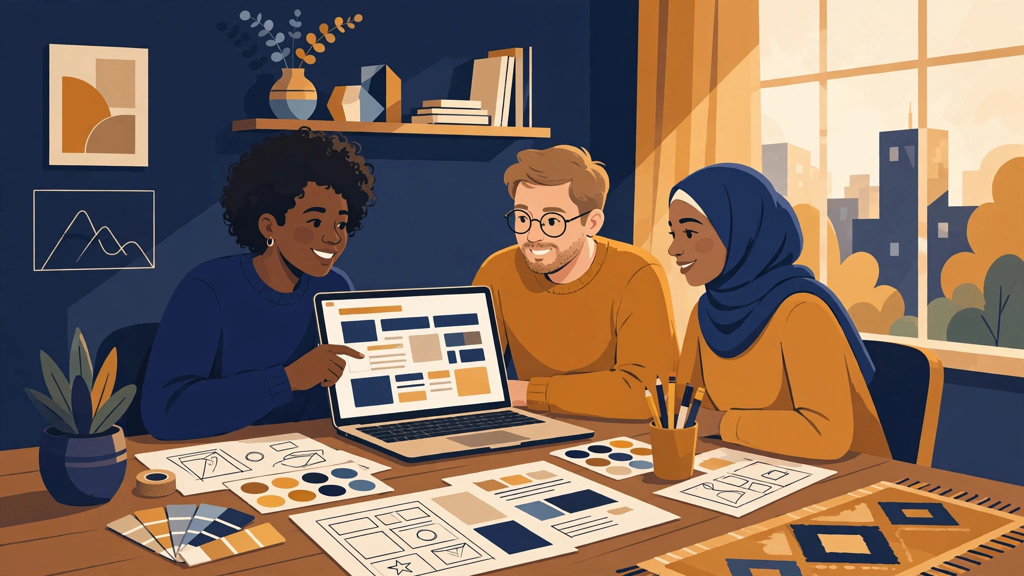 Flat illustration of a freelance designer home office with a proposal document showing layout blocks on screen