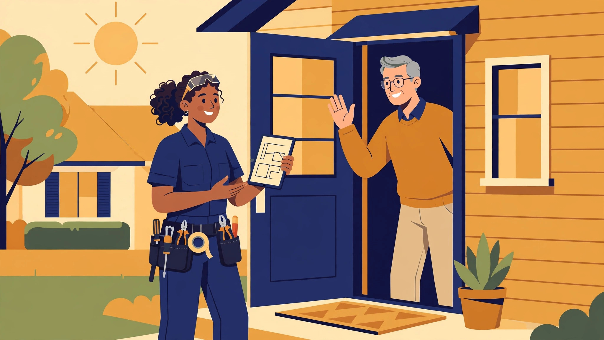 Flat illustration of an electrician with a tablet standing at a customer's front door