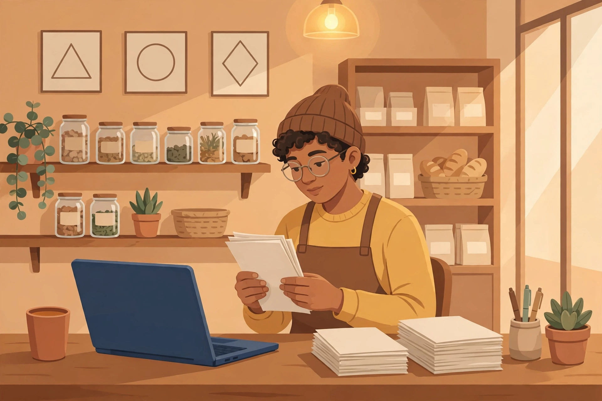 Flat illustration of a shop owner at a counter reviewing paper resumes beside a laptop and sorted paper stacks