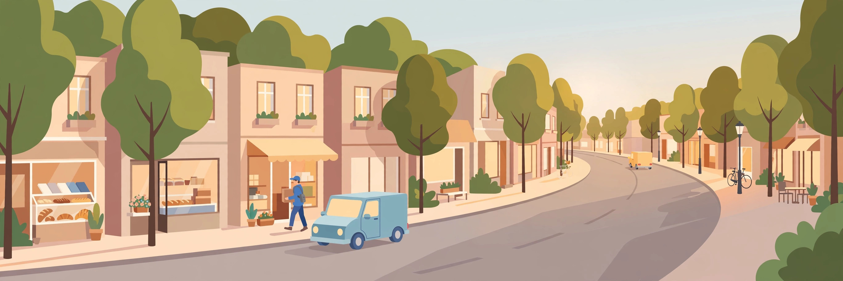 Flat illustration of small shops on a curving street, a driver carrying a parcel to a door, and a blue delivery van
