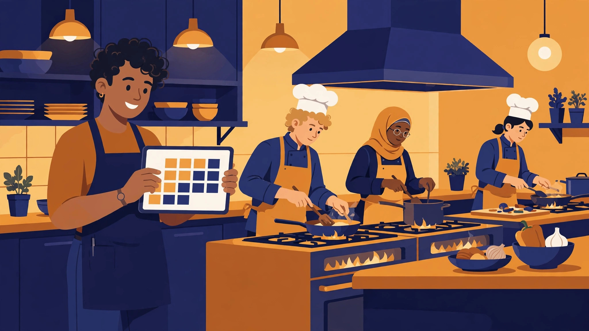 Flat illustration of a restaurant kitchen with a manager holding a tablet showing a calendar