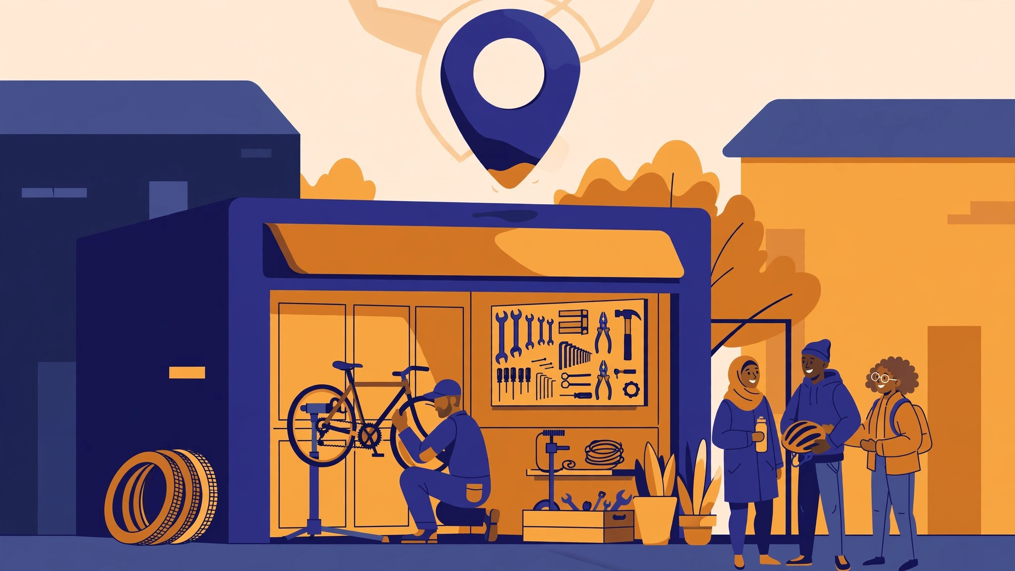 Flat illustration of a bike repair shop with a mechanic at work and a map pin graphic overhead