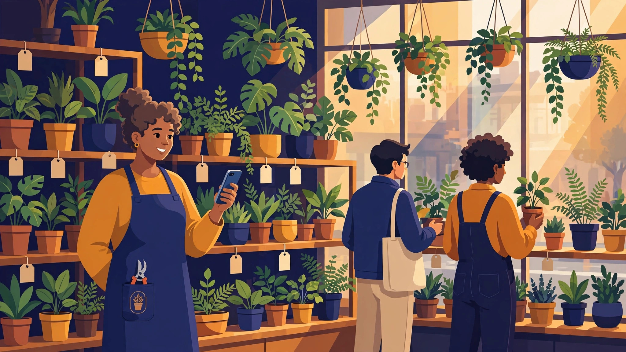 Flat illustration of a plant shop owner holding a smartphone among shelves of leafy plants