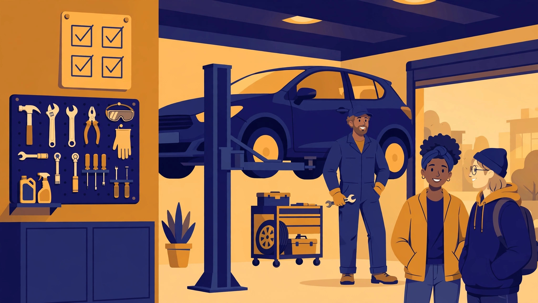 Flat illustration of an auto repair garage with a checklist posted on the wall