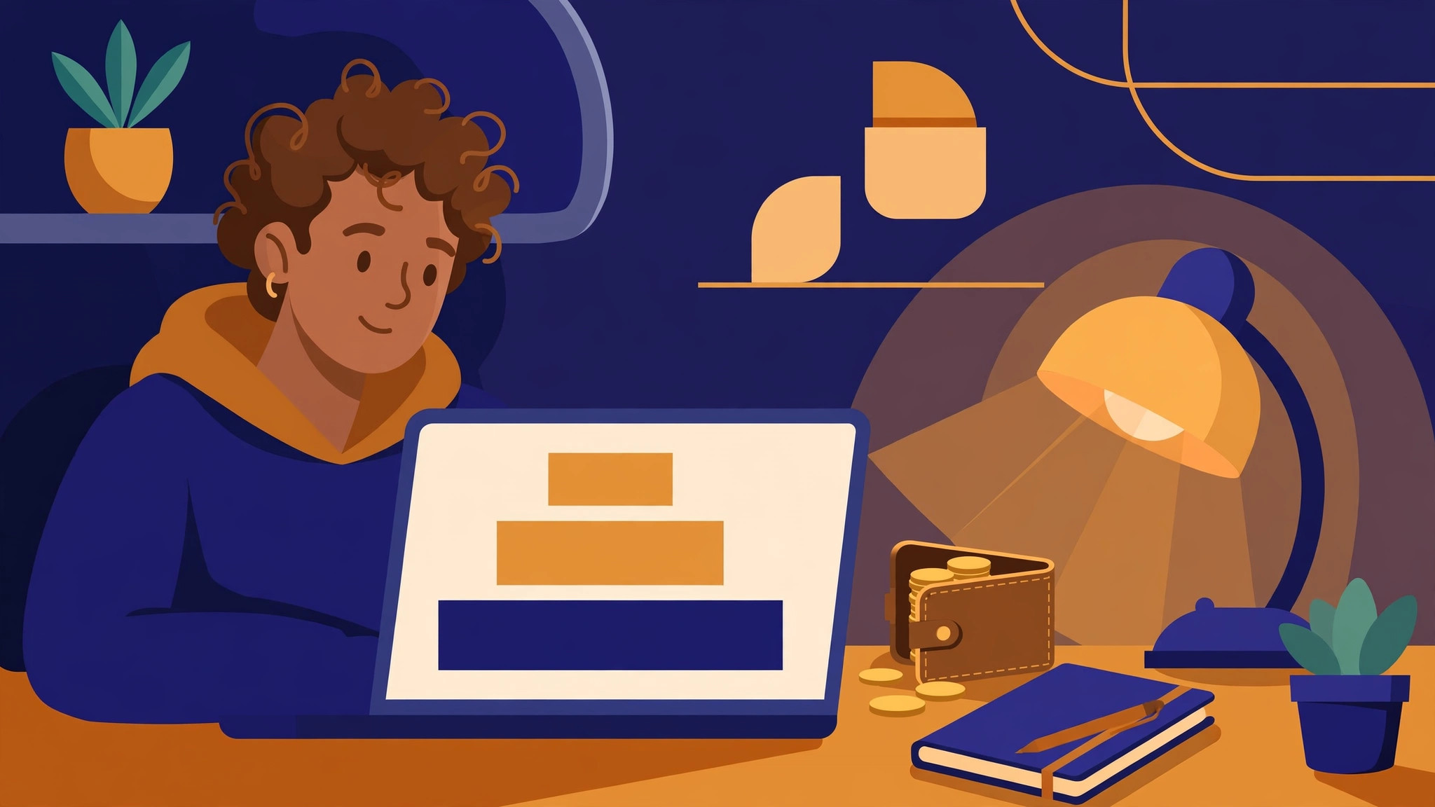 Flat illustration of a desk with a laptop showing pricing blocks and a wallet beside it
