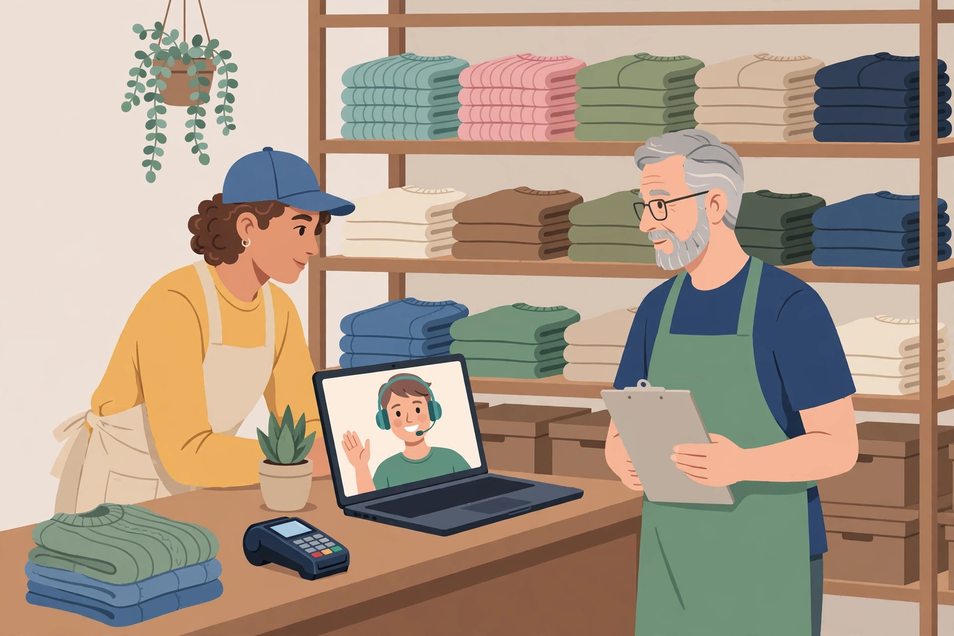 Flat illustration of a new employee watching a laptop presenter, a colleague holding a clipboard in a clothing shop