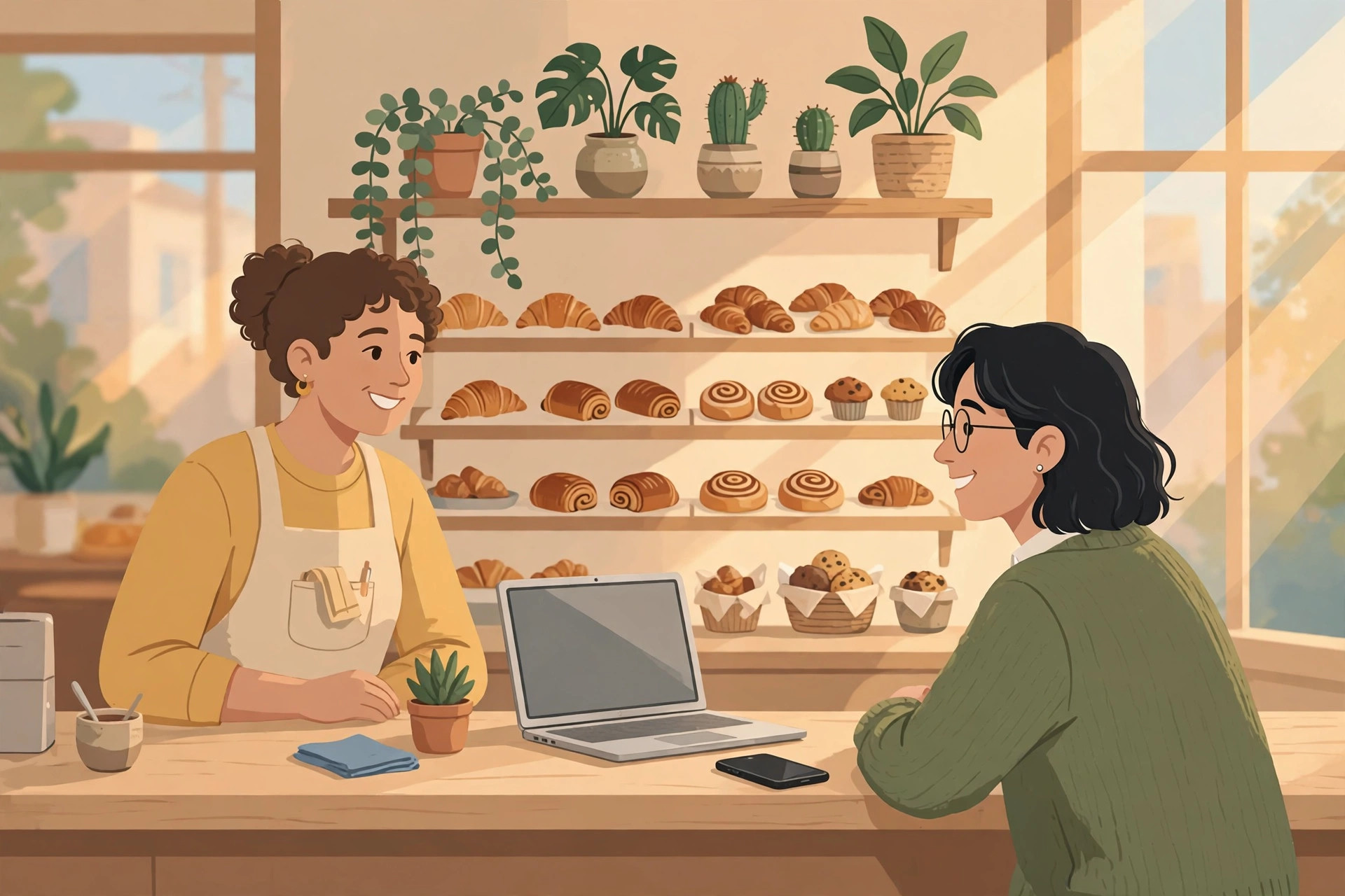 Flat illustration of a bakery owner chatting with a customer across a counter with a laptop and phone, shelves behind