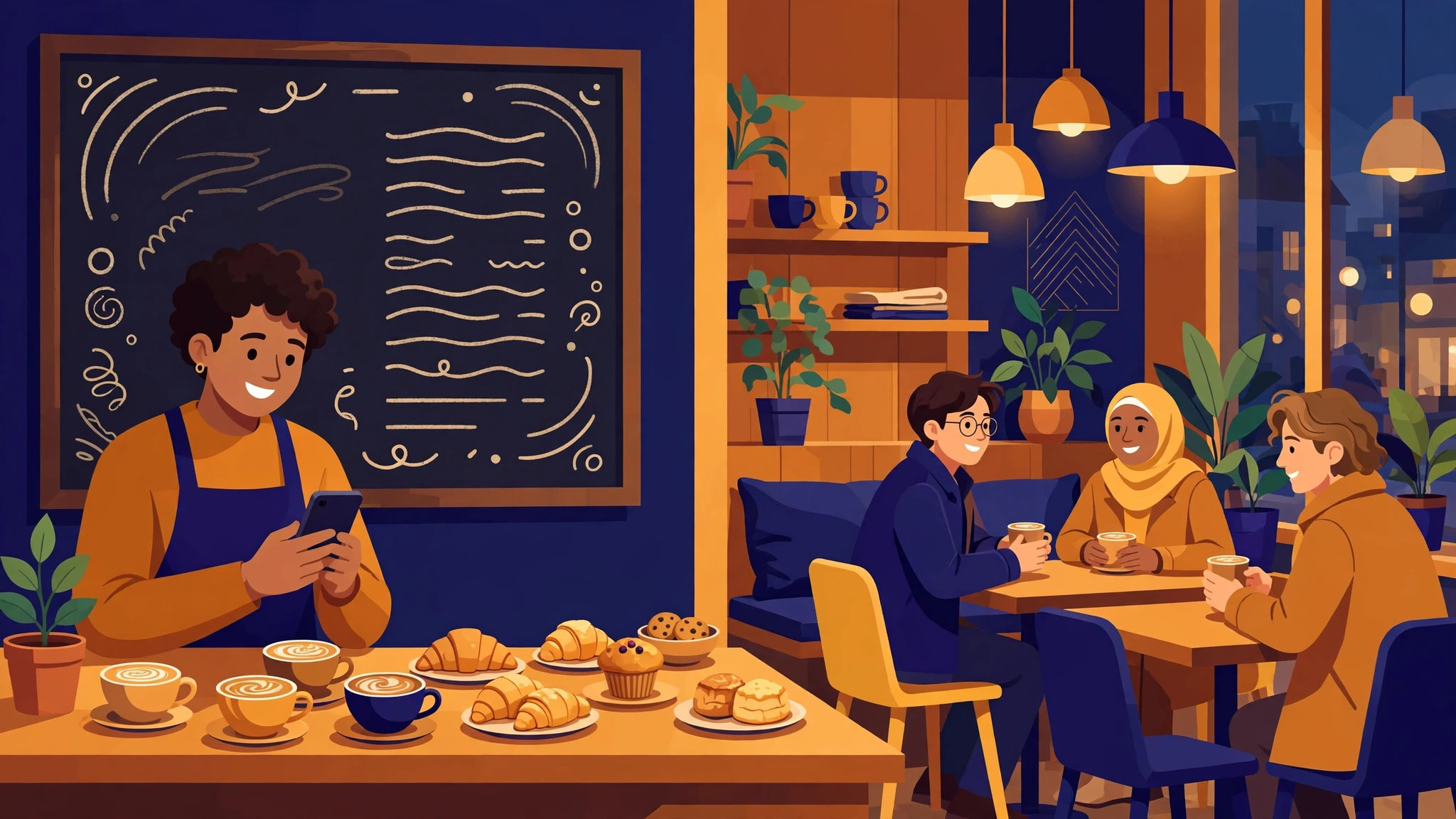 Flat illustration of a café owner smiling while reading a phone, coffee cups on the counter