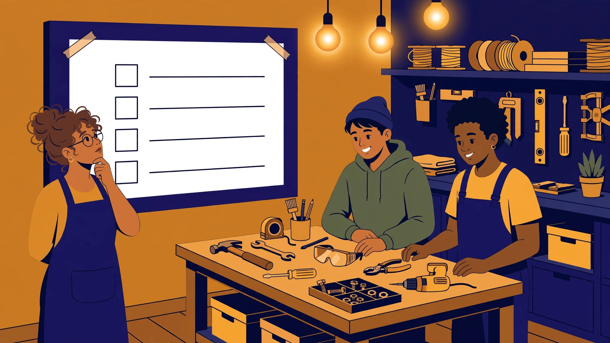 Flat illustration of a workshop owner studying a task list on a whiteboard