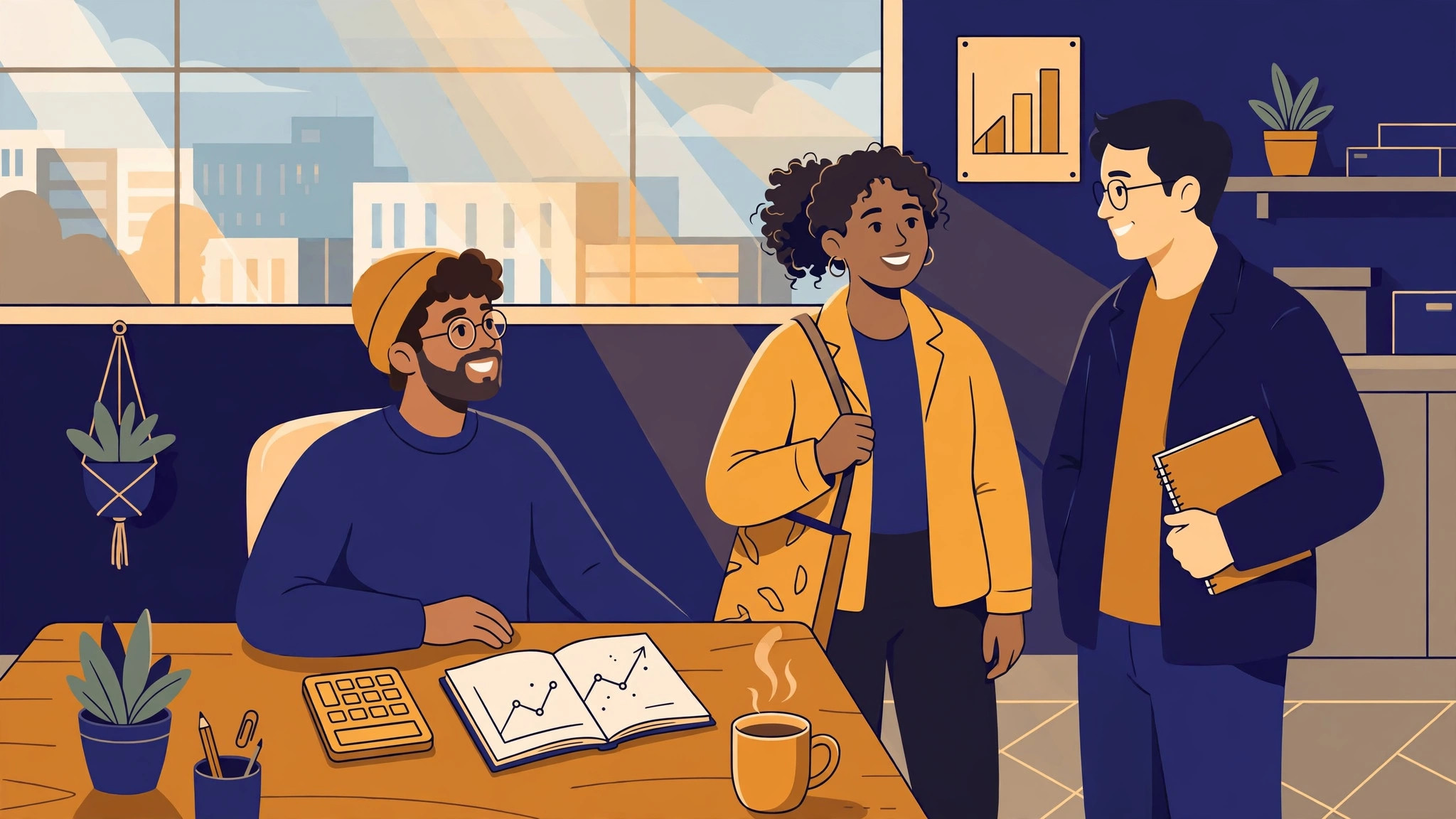 Flat illustration of a small business owner at a desk with a calculator and notebook beside simple charts