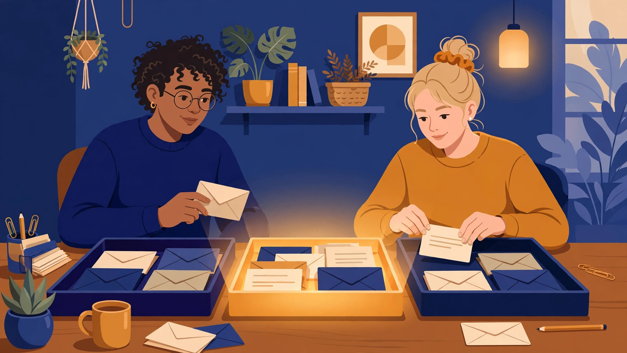 Flat illustration of a home office where two people sort envelopes into labeled trays